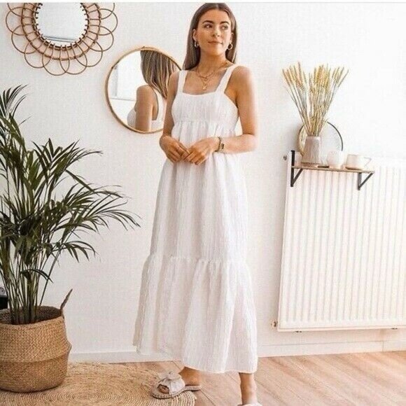 Zara Babydoll Womens Medium Voluminous Textured White Blogger Fav Midi Dress - Picture 5 of 10
